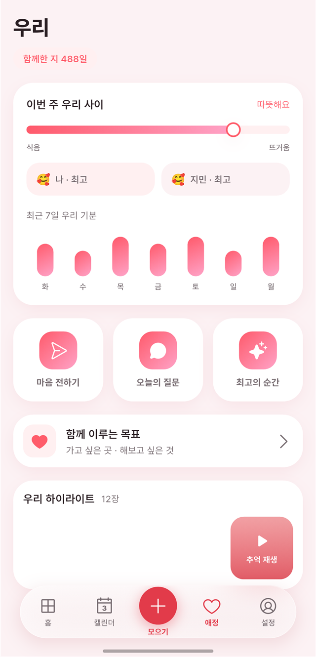 애정 탭 — 관계 온도와 기분
